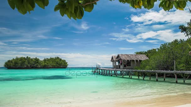 Laguna azul com água limpa calma na frente de cabanas de bambu em estoques de madeira de um homestay, Ilha de Gam, Papuan Ocidental, Raja Ampat, Indonésia — Vídeo de Stock