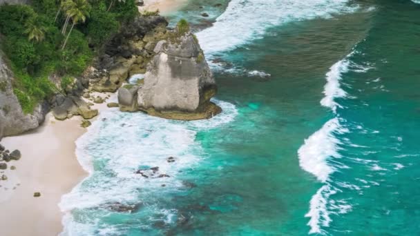 Roca en el océano con hermosas palmeras detrás en la playa de Atuh en la isla de Nusa Penida, Indonesia — Vídeos de Stock