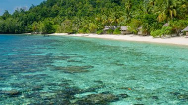 Bambu kulübe sahilde, mercan bir aile yanında konaklama Gam Island, Papua Batı, Raja Ampat, Endonezya