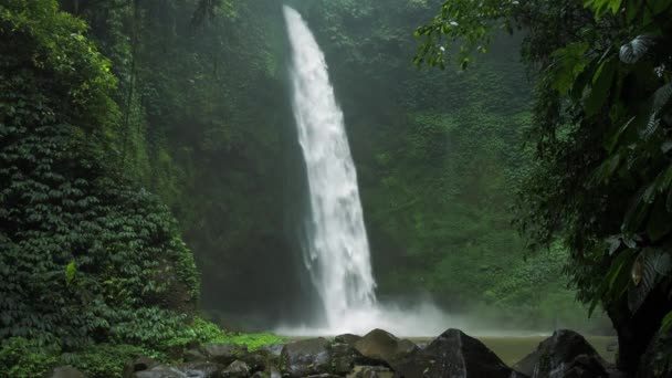 Geweldig Nungnung waterval, langzame wees vallende water raken wateroppervlak, sommige reusachtige rotsen seeable voor frame. Weelderige groene leafes is de overgang van de wind, Bali, Indonesië — Stockvideo