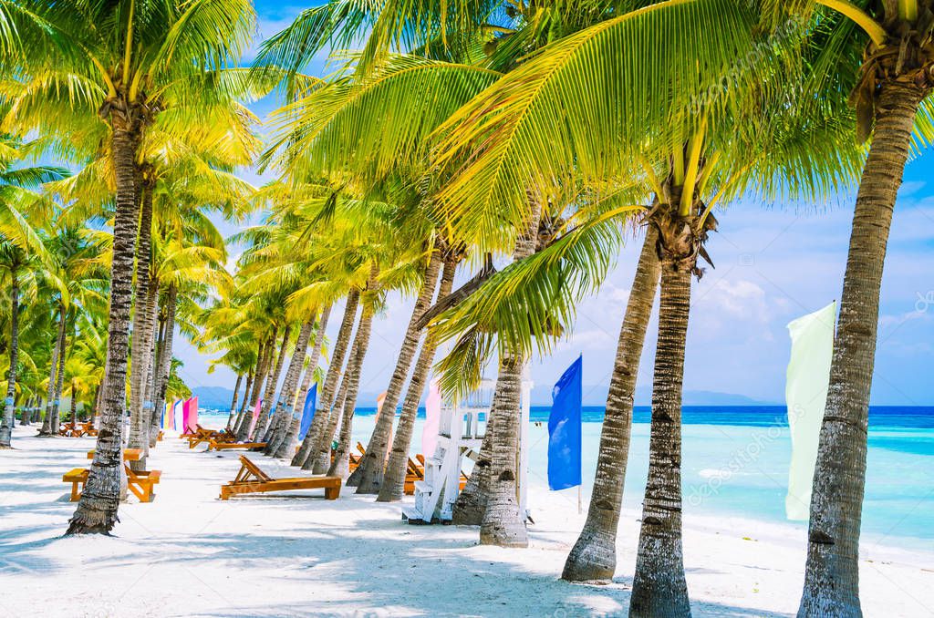 Tropical beach at Panglao Bohol island with chairs on the white sand beach with blue sky and palm trees. Travel Vacation