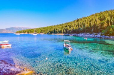 Sakin ve pastoral plaj, Foki Fiskardo kristal açık ve şeffaf su, Kefalonia, Ionian Islands, Yunanistan ile