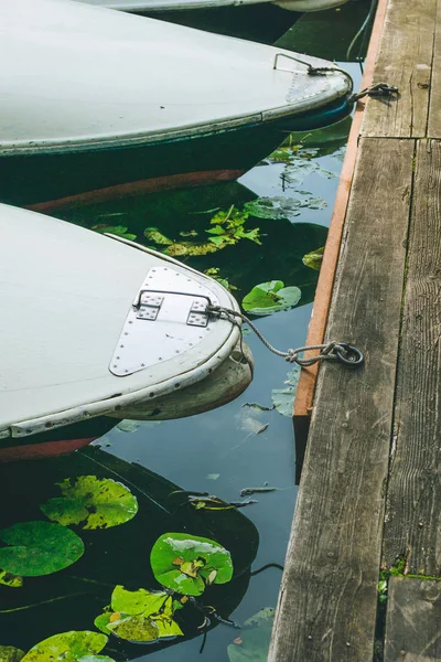 Alugar barco a remos ancorado no cais de um lago no parque da cidade. Hamburgo — Fotografia de Stock