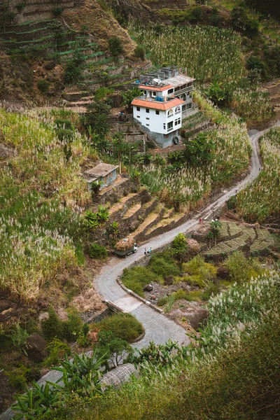 Vue des habitations entre paysage de végétation et montagnes de la vallée Paul, sur l'île de Santo Antao, Cap Vert — Photo