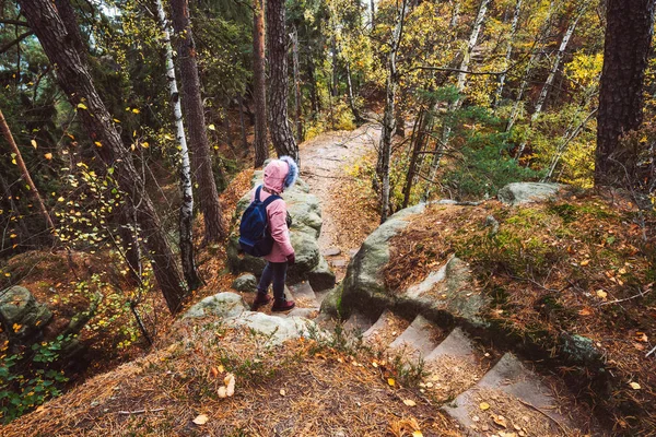 Adult women with backpack on hiking path trail in forest. Travel lifestyle adventure concept. Germany — Stock Photo, Image