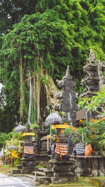 Ingresso del tempio di Bali con statua custode e enorme antico albero di Banyan sullo sfondo. Indonesia — Foto Stock