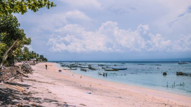 Deniz yosunu çiftlik çiftlik Nusa Penida düşük Tide, bulutlar arka plan, Endonezya Bali