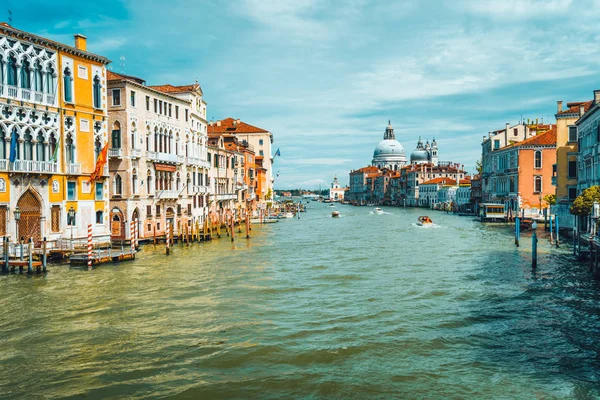 Βενετία, Ιταλία. Άνοιξη σεζόν ταξίδι στο Grand Canal και Βασιλική Santa Maria della Χαιρετισμός σε ηλιόλουστη μέρα — Φωτογραφία Αρχείου