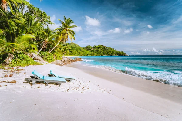 Mahe, Seszele. Leżał przy pięknej plaży Anse, tropikalnej plaży. Błękitne fale oceanu, piaszczysta plaża i palmy kokosowe. Koncepcja egzotyczna, podróżnicza i stylu życia — Zdjęcie stockowe