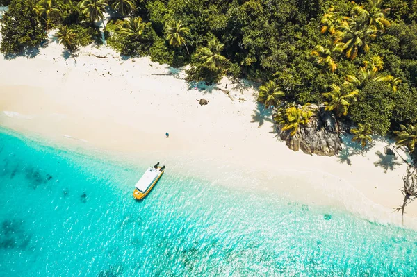 Vista aérea de cima para baixo da praia paradisíaca com coqueiros e barco turístico solitário na água da lagoa rasa turquesa — Fotografia de Stock