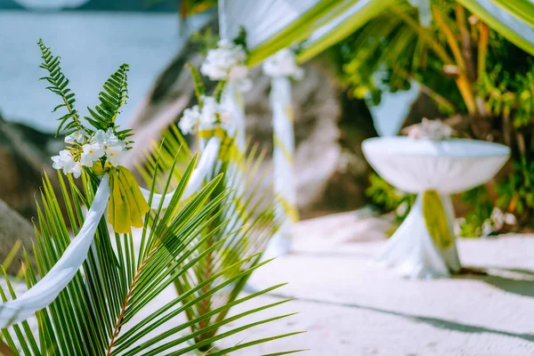 Decorated romantic wedding celebration accessories on tropical sandy beach. Lush green foliage and white lowers — Stock Photo, Image
