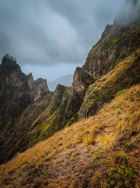 Moody view of Xo-Xo Valley, Santo Antao Island, Cabo Verde. Прочная горная вершина, заросшая зеленой травой и окутанная туманом. Некоторые растения растут на переднем плане — стоковое фото