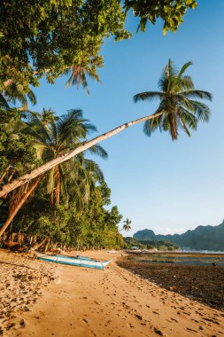 Tropikal sahilde altın gün batımı ışığı. Palmiye ağacının altında Bangka teknesi kıyıda. El Nido Körfezi. Palawan 'da. Filipinler