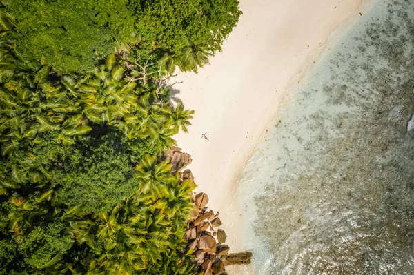 Női napozás a trópusi homokos strandon pálmafákkal és türkiz kék óceáni lagúnával körülvéve. Légi drónlövés. Seychelle Köztársaság — Stock Fotó