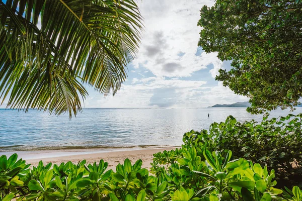 Večer na ostrově La Digue, Seychely. Letní dovolená dovolená v ráji obklopená tropickou vegetací — Stock fotografie