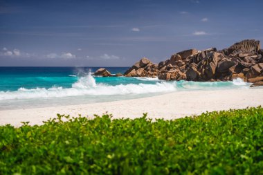Petite Anse 'de okyanus dalgaları, Seyşeller' de La Digue - Tropik ve cennet plajı. Lüks tatil beldesi