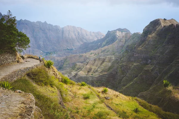 Santo Antao Island Cape Verde. Female tourist on hike enjoying view to Caculi valley from Corda — Stock Photo, Image