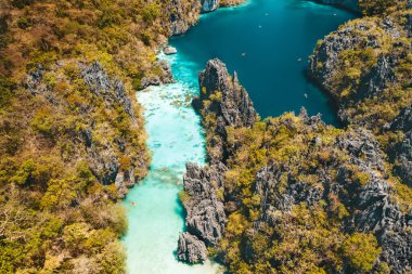 El Nido, Palawan, Filipinler, güzel büyük göl manzarası, kireçtaşı kayalıklar ve kano turistleri.