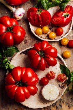 Renkli domates, kırmızı domates, sarı domates ve fesleğen. Domates arka plan. ahşap arka plan