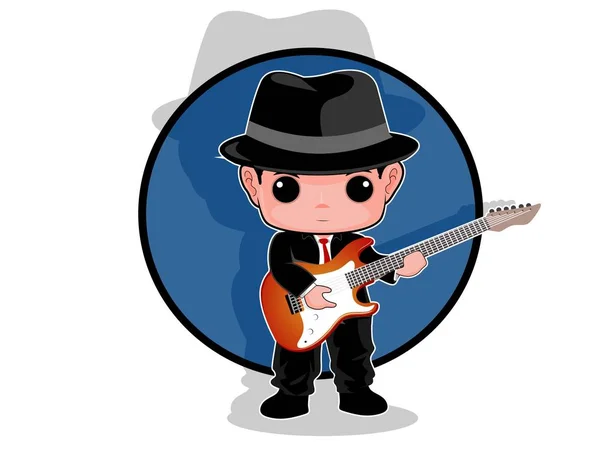 Jongen Dragen Zwarte Pak Houden Instrument Cartoon Vectoren — Stockvector