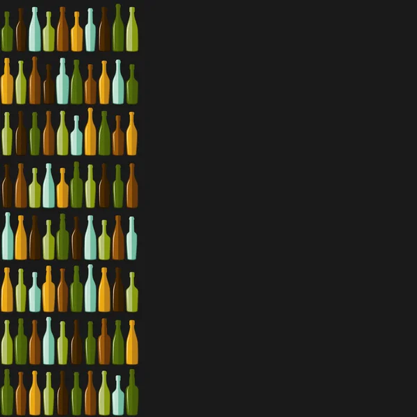 Rows of different bottles on a black background. — Stock Vector