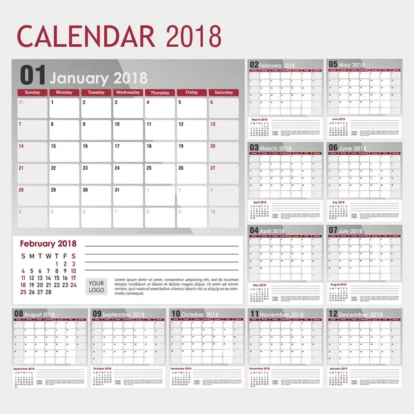 Calendrier 2018 en couleur gris-rouge avec une place pour le logo . — Image vectorielle