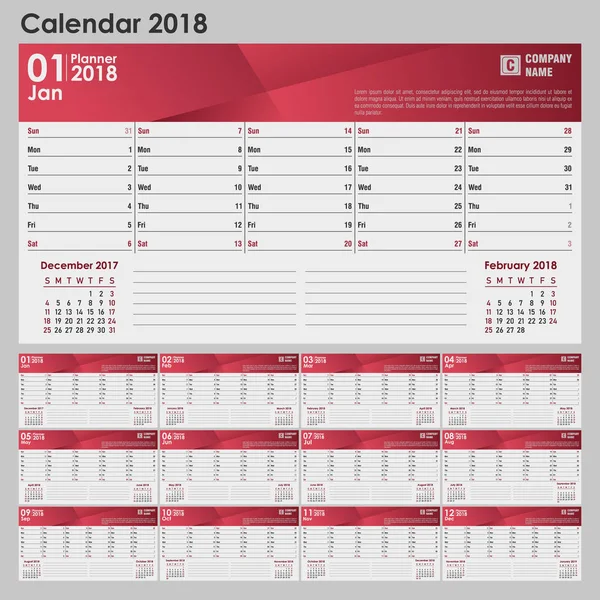 Календар на 2018 рік в сіро-червоному кольорі з місцем для логотипу . — стоковий вектор