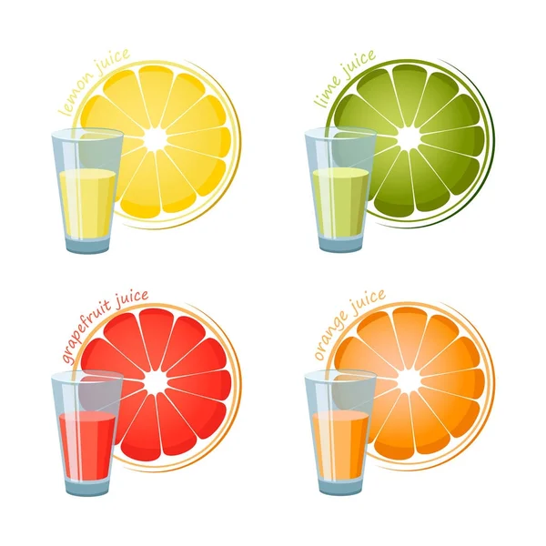 Cuatro vasos de jugo y una rebanada aislada sobre fondo blanco — Vector de stock