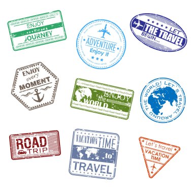 beyaz zemin üzerinde bir vize formdaki seyahat hakkında 9 sloganlar. Vektör çizim.