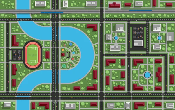 Bostadsområde Med Park Stadion Floden Järnvägen Visa Från Ovan Vektorillustration — Stock vektor