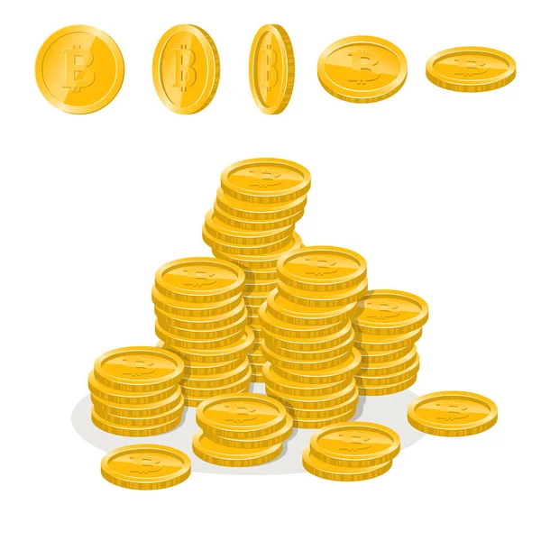 Conjunto de moedas em diferentes posições e moedas empilhadas em pilhas o — Vetor de Stock