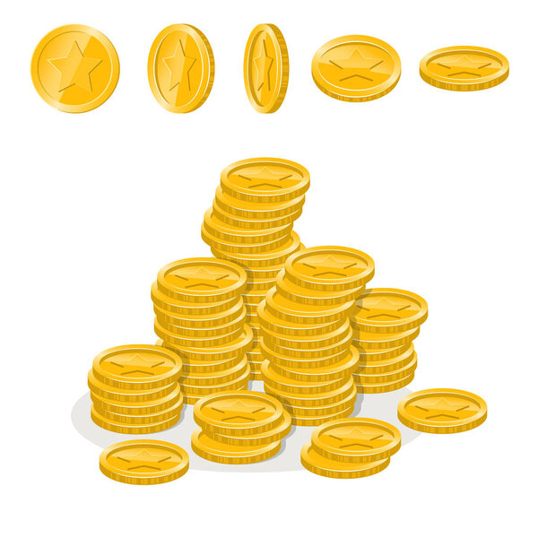 Set of coins in different positions and coins stacked in piles o