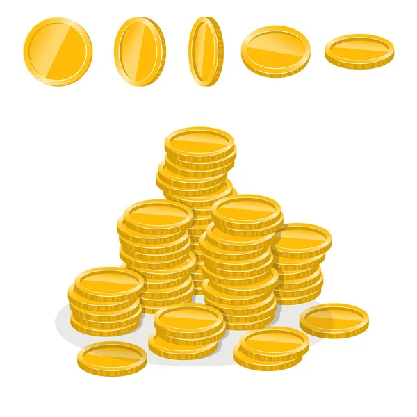 Set of coins in different positions and coins stacked in piles o — Stock Vector