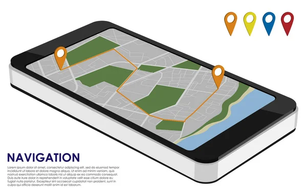Smartphone isométrico con mapa de la ciudad para la navegación urbana con rou — Vector de stock