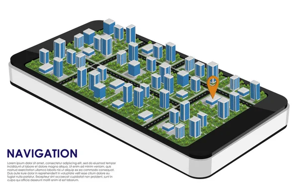 Smartphone 3d com uma cidade e um ponteiro de navegação no branco —  Vetores de Stock