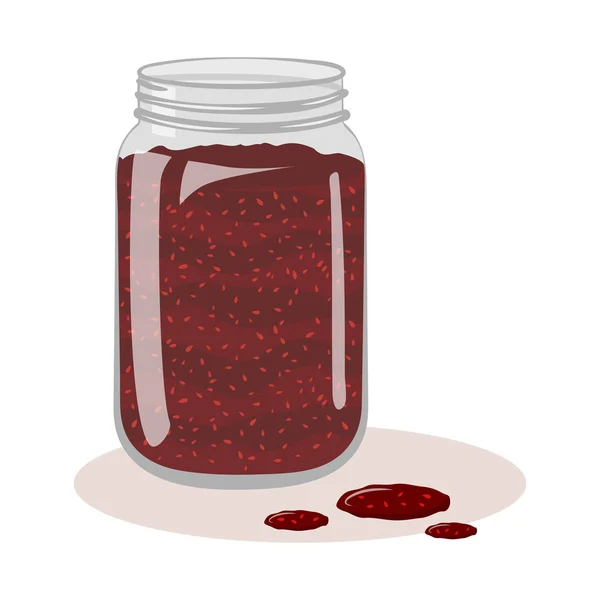 Open pot met jam en druppels op een witte achtergrond. — Stockvector