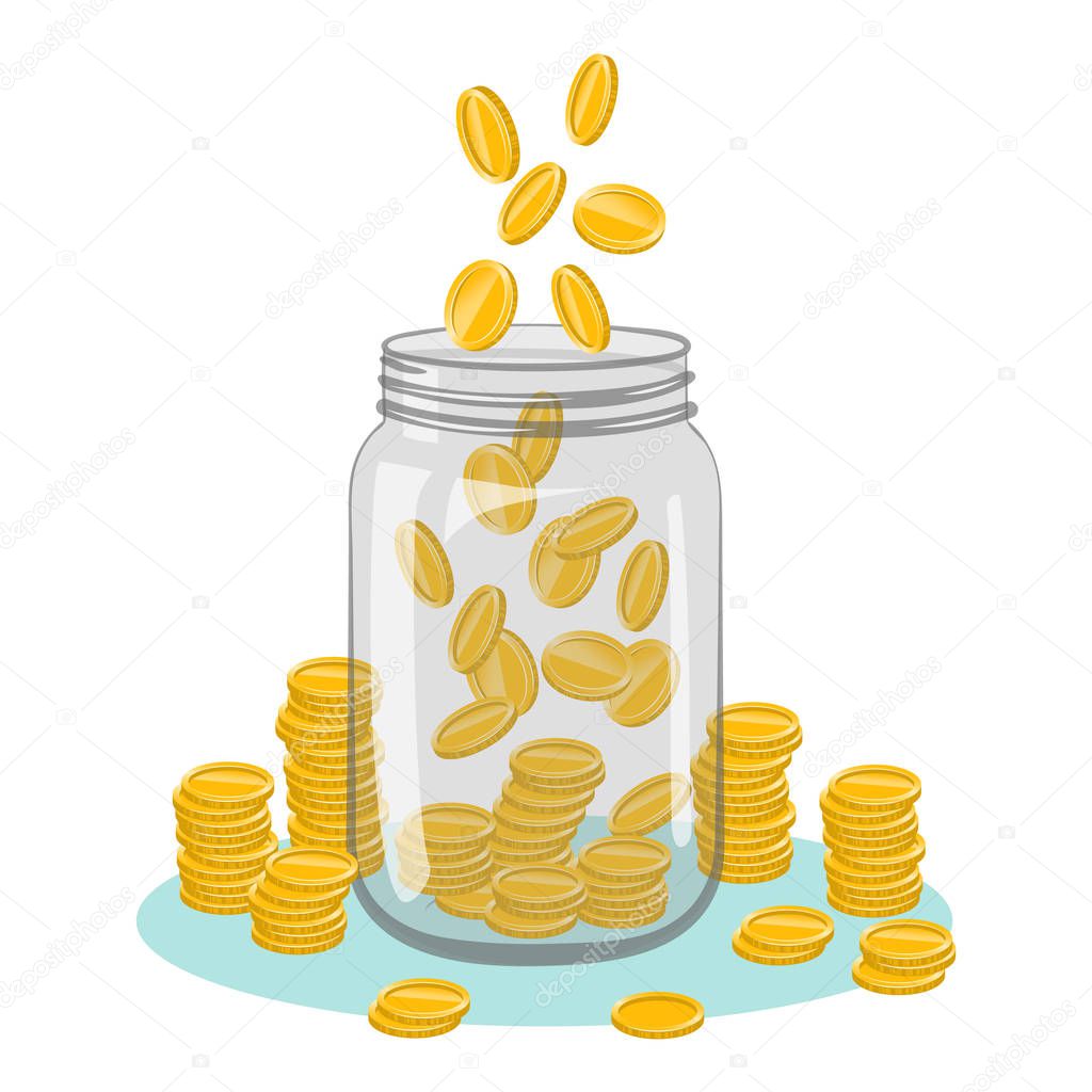 Glass jar with falling coins in it, isolated on white background