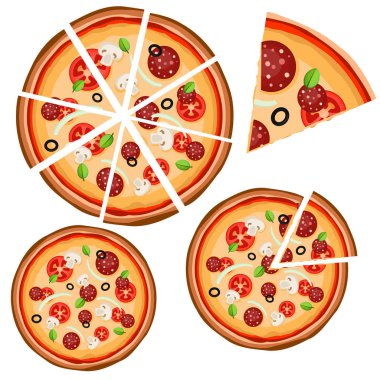 Beyaz bir arka plan üzerinde pizza (bütün ve parçaları) ile simgeler kümesi
