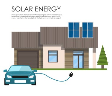 Güneş panelleri ve bir elektrikli araba ile ev. Güneş enerjisi. Yenilemek