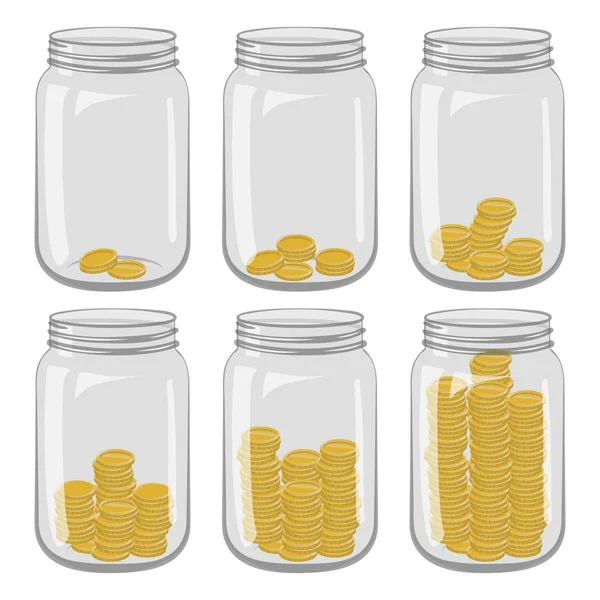 Zes glazen potten met verschillende aantal munten binnen op een wit — Stockvector
