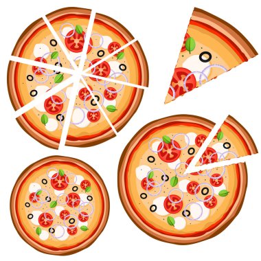 Beyaz bir arka plan üzerinde pizza (bütün ve parçaları) ile simgeler kümesi