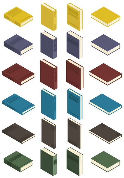 Conjunto de libros isométricos en diferentes posiciones aislados en blanco — Vector de stock