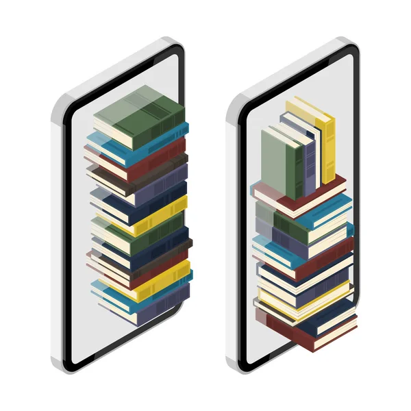 2 ensembles de smartphone isométrique (téléphone portable) avec pile de livres i — Image vectorielle