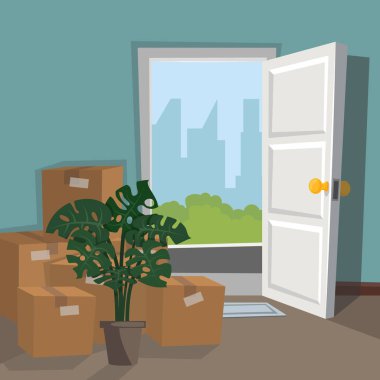 Kutuları ve katlanmış bir ev bitkisi hareket etmek için ön kapı yakın: (