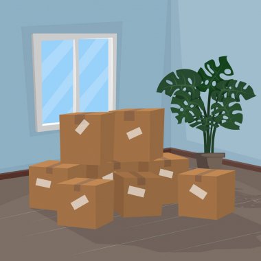 Kutuları ve bir houseplant Oda. 