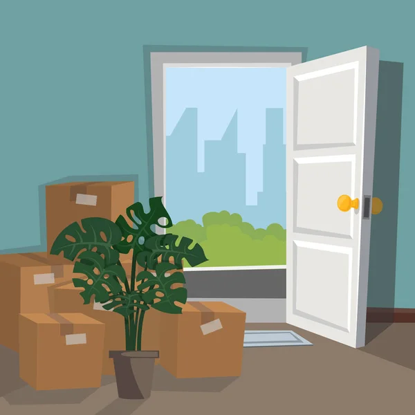 Cajas y una planta de la casa, dobladas cerca de la puerta principal para mover  ( — Vector de stock