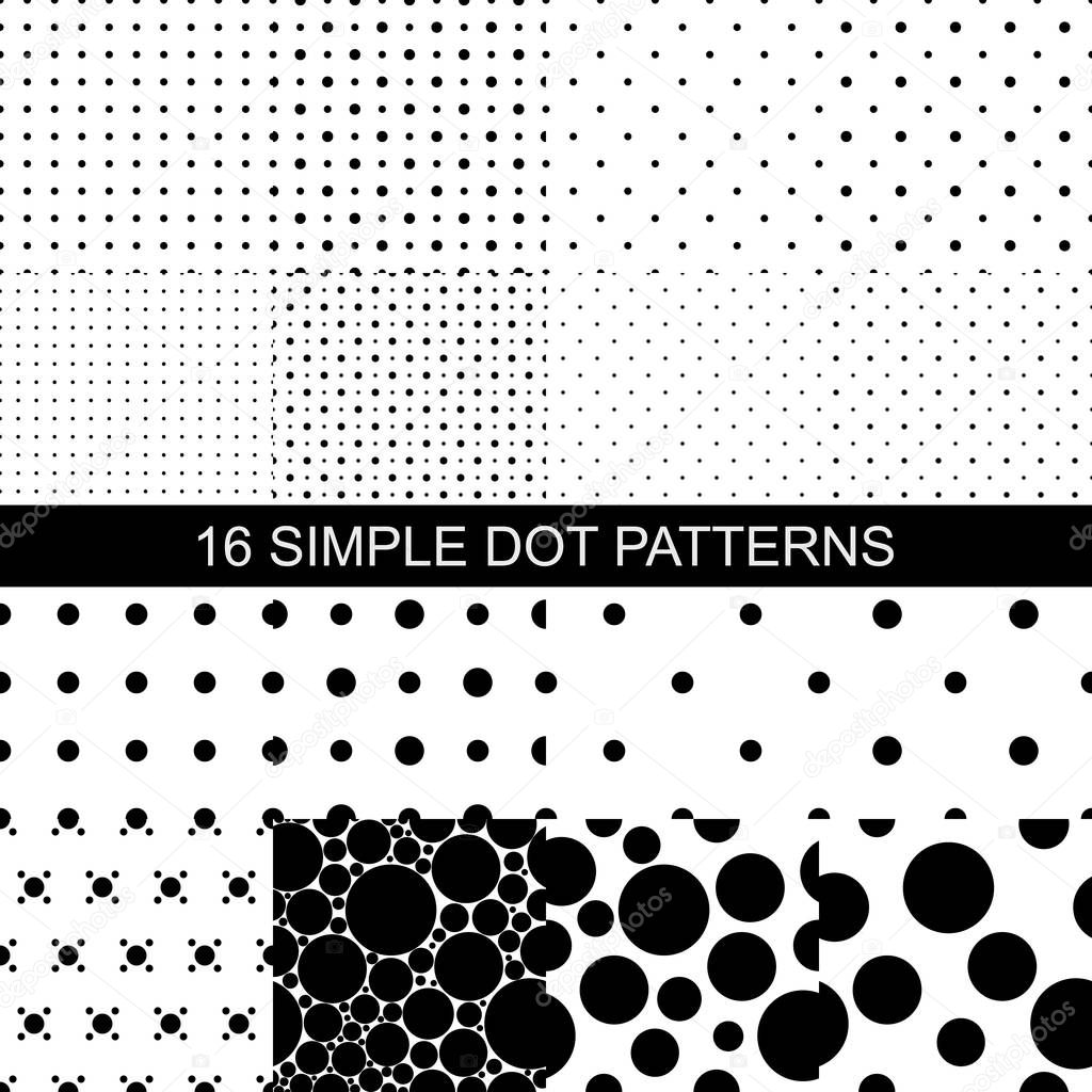 16 simple black and white pattern of dots. Black dots on a white