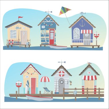 Sahildeki evleri tasvir eden iki set.. 