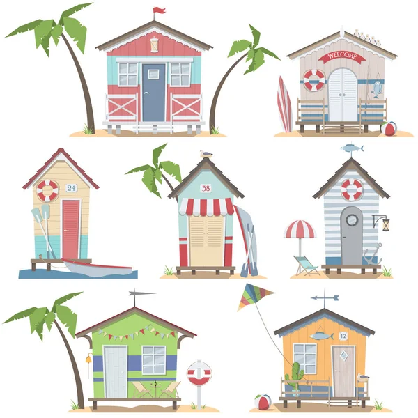 Beyaz arka planda 7 plaj stilt ev seti.