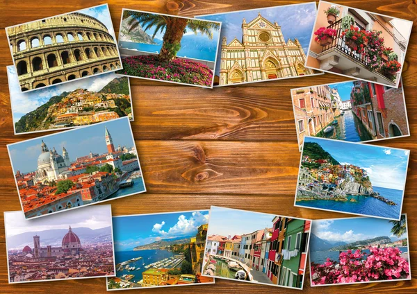 Collage van foto's van Italië op houten achtergrond — Stockfoto